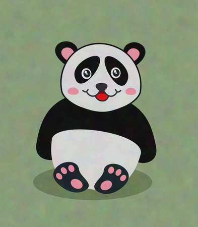 Cute and young panda sitting with a smile on a green background - illustrationの写真素材