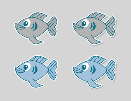 Stickers of cute fish swimming in their environment on a grey backgroundのイラスト素材
