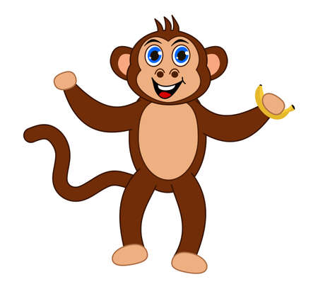 Brown monkey smiling and standing with blue eyes holding a bananaのイラスト素材