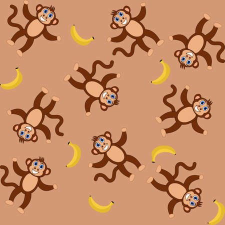 Decorative pattern with smiling monkeys holding bananas on a brown backgroundのイラスト素材