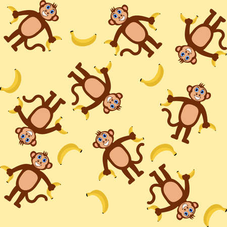Decorative pattern with smiling monkeys holding bananas on a yellow backgroundのイラスト素材