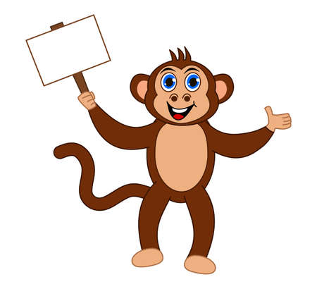 Smiling brown monkey with blue eyes holding an advertising signのイラスト素材