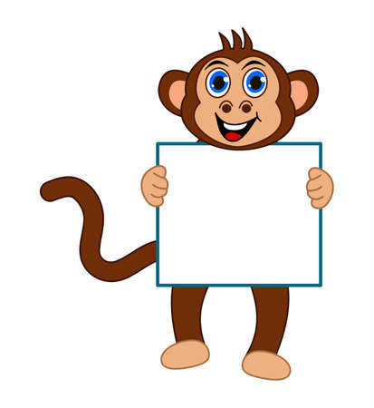 Brown monkey smiling and standing with blue eyes holding a billboardのイラスト素材