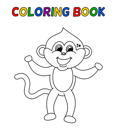 Young smiling monkey standing in black and white for coloringのイラスト素材