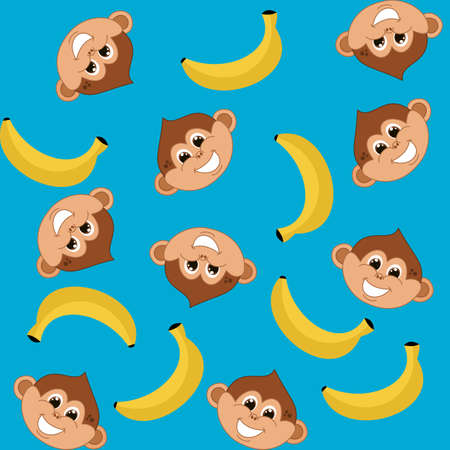 Decorative pattern with bananas and heads of young smiling monkeys on blue color backgroundのイラスト素材