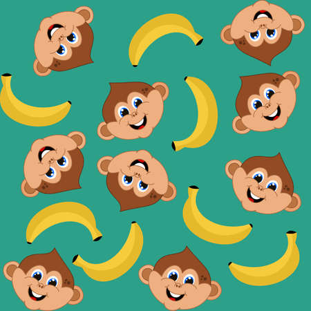 Decorative pattern with bananas and heads of young smiling monkeys on green color backgroundのイラスト素材
