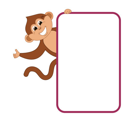 Young smiling brown monkey with brown eyes hang from an advertising boardのイラスト素材