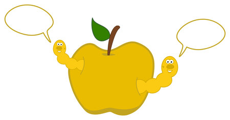 A juicy fruit of a yellow apple with maggot and talking bubble - vectorのイラスト素材
