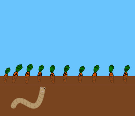 A smiling white worm stirring up the soil in a vegetable field - illustrationの写真素材