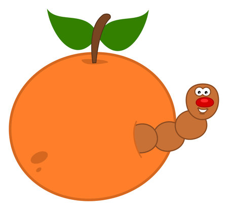 Brown and smiling maggot coming out of a juicy peach or apricot - vectorのイラスト素材