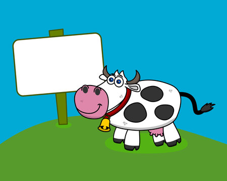 A dairy cow in her field with fresh grass and blue sky and a billboard - vectorのイラスト素材