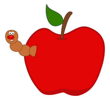 Smiling brown maggot coming out of a juicy red apple - vectorのイラスト素材