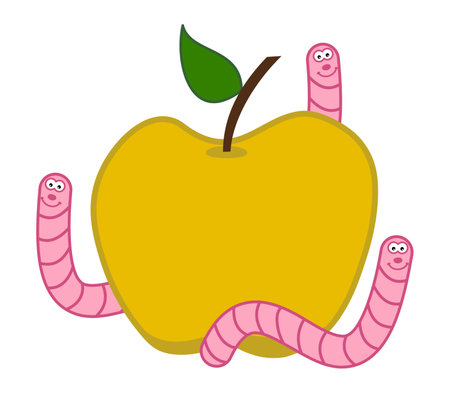 Smiling pink maggot coming out of a juicy yellow apple - vectorのイラスト素材
