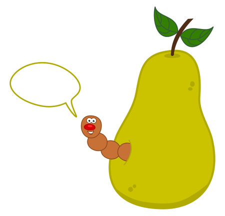 A juicy fruit of a green pear with maggot and talking bubble - vectorのイラスト素材