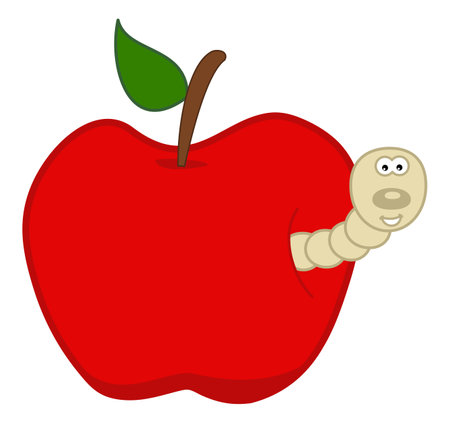 Smiling white maggot coming out of a juicy red apple - vectorのイラスト素材