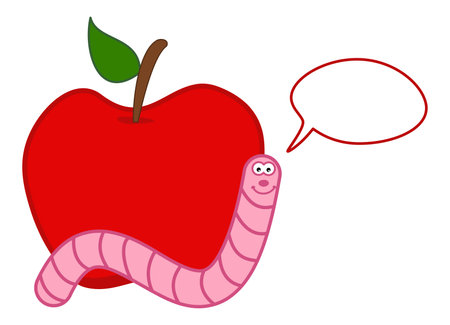 A juicy fruit of a red apple with maggot and talking bubble - vectorのイラスト素材