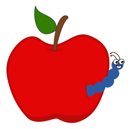 Smiling blue maggot coming out of a juicy red apple - vectorのイラスト素材