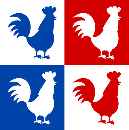 A red and blue chicken in profile on a colored background - vectorのイラスト素材