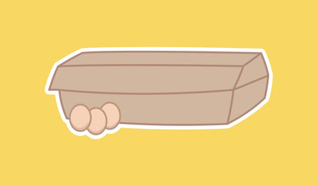 Presentation of fresh eggs in large brown pack on yellow background - vectorのイラスト素材
