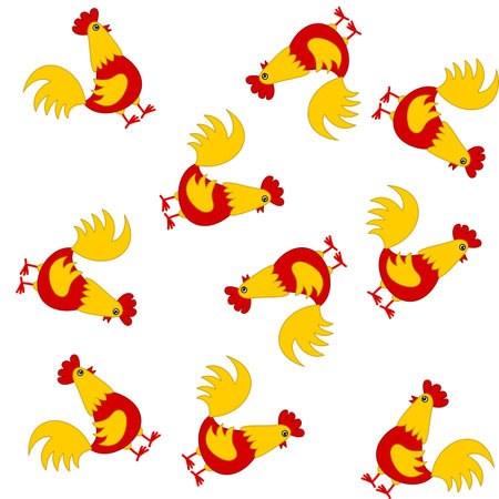 Paper pattern with yellow and red chickens on white background - vectorのイラスト素材