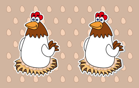 Set of two stickers of white laying hens on an egg background - vectorのイラスト素材