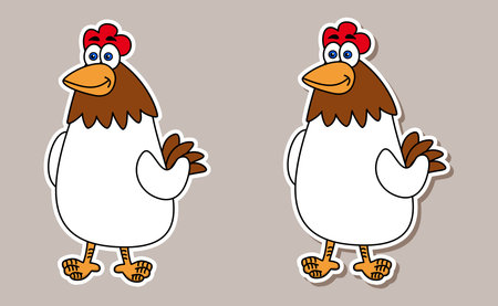 Set of two stickers of farm hens white and brown on colored background - vectorのイラスト素材