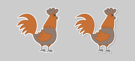 Stickers of a cute brown hen in profile on a gray background - vectorのイラスト素材