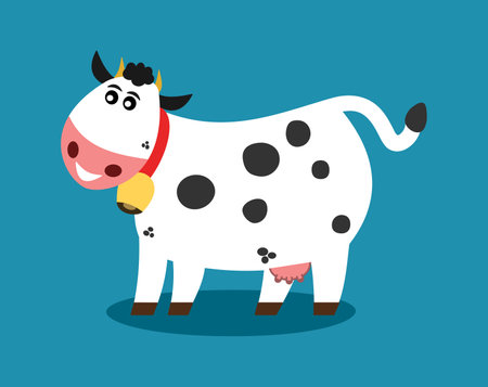 Smiling dairy cow in profile with bell on blue background - vectorのイラスト素材