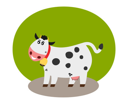 Smiling dairy cow with bell and behind colorful green and brown decoration - vectorのイラスト素材