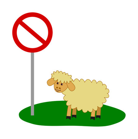 Young sheep in green meadow with prohibition sign on white background - vectorのイラスト素材