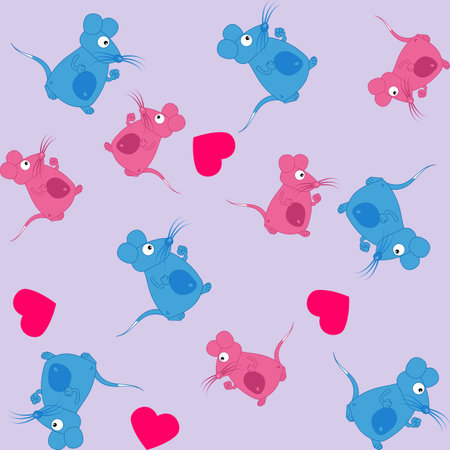 Gift wrapping paper, a couple of blue and pink mice with hearts - vectorのイラスト素材