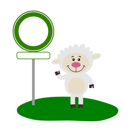 A smiling sheep on grass meadow with green warning sign - vectorのイラスト素材