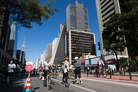 Sao Paulo, Brazil, July 28, 2015. Bike path that was being inaugurated at Avenida Paulista, on a...