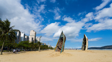 Santos, Brazil. September 27, 2016. Work of the artist installation Mauricio Adinolfi on the beach in Santos, Sao Paulo, Brazil.のeditorial素材