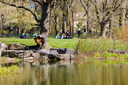 Central Park, Manhattan. April 14, 2016. A typical Thursday in Central Park during the spring. New Yorkers' favorite place to relax and stroll.のeditorial素材