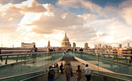 London, England. May 23, 2014. View of the dome of St Paul's Cathedral from the Millennium Bridge during the sunset.のeditorial素材