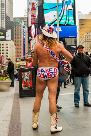 Manhattan, New York. April 9, 2016. Naked Boy is perhaps the most famous street artist in Time Square, Manhattan, NYC.のeditorial素材