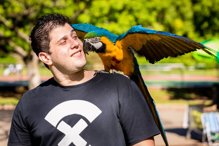Sao Paulo, Brazil. June 10, 2017. Brazilian man with his pet macaw resting on his shoulder at Ibirapuera Park, in SÃ£o Paulo.のeditorial素材