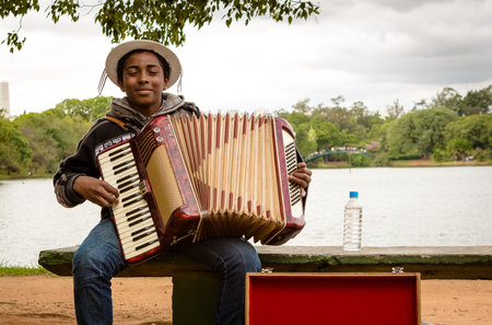 Sao Paulo, Brazil. April 30, 2017. Typical Brazilian Northeastern accordion player performing at the...