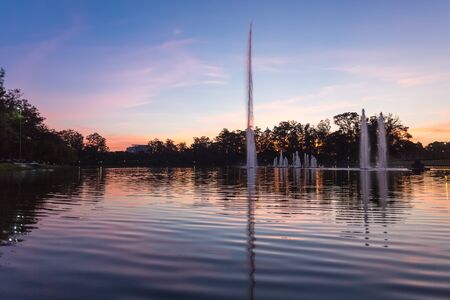 Sunset at the Ibirapuera Park in Sao Paulo, with the fountain in the foreground.の写真素材