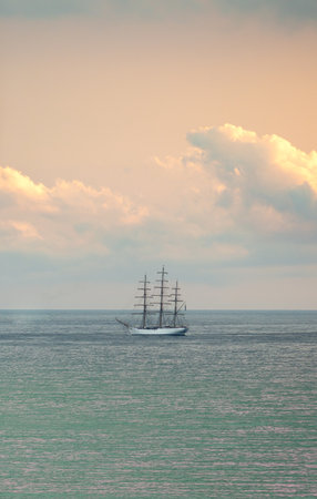 Three-masted sailboat anchored in Santos bay, Brazil.