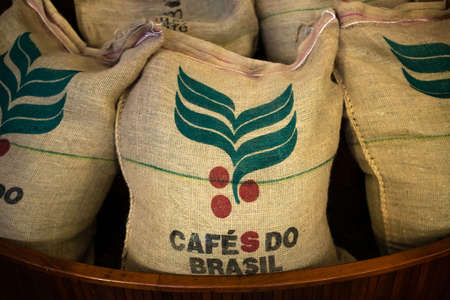 Santos, Brazil. September 26, 2021. Coffee bags from Brazil ready for sale on display at Bolsa do CafÃ©, in Santos.の写真素材