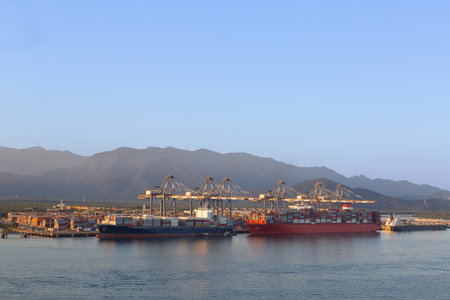 Container ships being loaded at the port of Santos, Brazil.