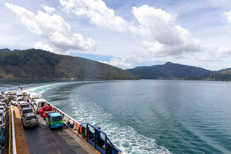 Picton, South Island - Jan 03 2020: View from the back inter Island ferry the Marlborough Sounds in the south Island of New Zealandのeditorial素材