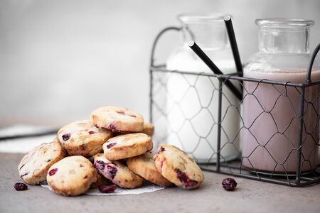 crumbly cookies with dried cherries with milk and cocoa in bottlesの写真素材