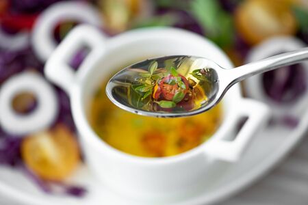 spicy salad dressing with chili pepper and spicesの写真素材