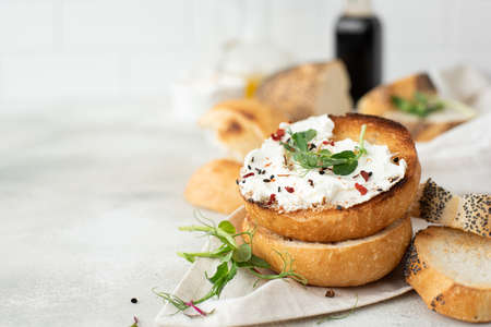 toasted buns with curd cheese, spices and fresh herbsの写真素材
