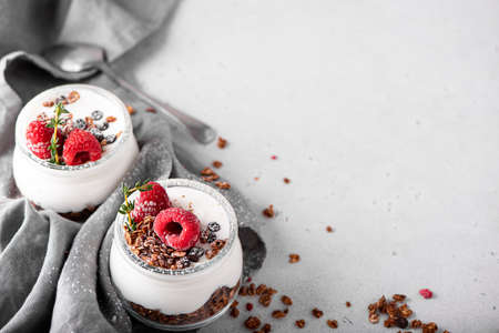 homemade chocolate granola with yoghurt and fresh berries, close-upの写真素材