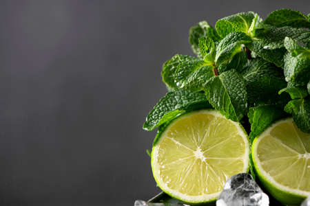 mojito set - fresh mint, lime and ice, close-up