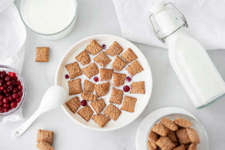 Sweet chocolate corn pads with milk and berries in a white plate, top viewの写真素材